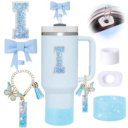 6pcs Blue Stanley Cup Accessories Set, Bow Straw Topper for Stanley Cup 30oz 40oz, Including Straw Topper and Sparkly Silicone Boot, Stoppers Spill Proof, Handle Charm, Initials Sticker - I