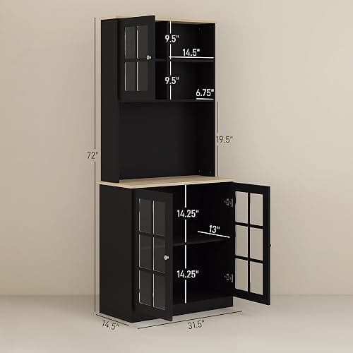 HOMCOM Kitchen Pantry Storage Cabinet, 72" Freestanding Cabinet with Hutch, Large Countertop, Glass Doors and Adjustable Shelves for Dining Room, Black thumbnail 3