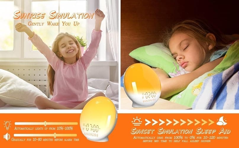 Tuerthy Reveil Lumineux, Réveil Intelligent pour Enfants Adultes, Reveil Matin Simulateur d'Aube et Crépuscule, Snooze,7 Sons Naturels, FM Radio Réveil, Veilleuse LED 7 Couleurs, Lampe de Chevet thumbnail 8