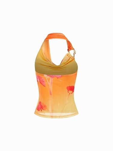 CIDER Womens Halter Tops Backless Metal Ring Sleeveless Floral Ruched Going Out Tops 2026 Summer Shirts thumbnail 3