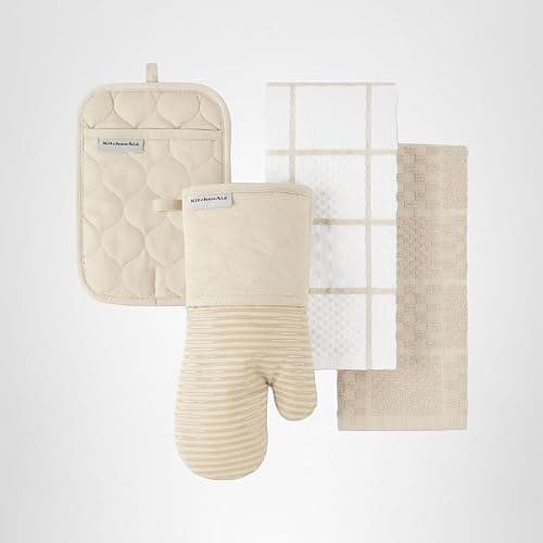 KITCHENAID Quilted Cotton Terry Cloth Oven Mitt, Pot Holder, Kitchen Towel 4-Pack Set, Heat Resistant, Silicone Grip, 16"x26", 7"x13" & 7"x10", Milkshake thumbnail 11
