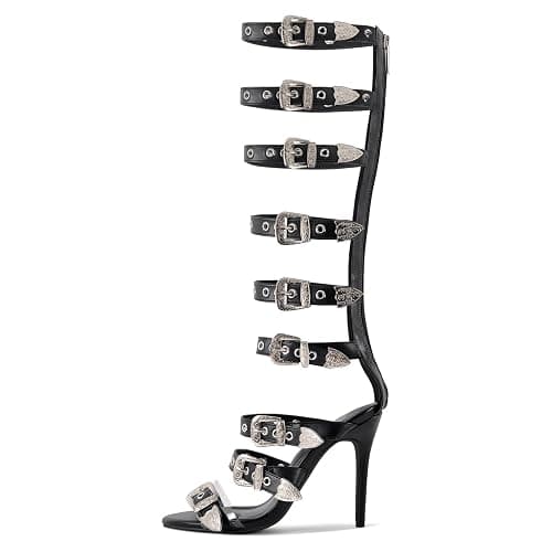 richealnini Back Zip Up Knee High Gladiator Sandals Buckle Belt Straps Wrap Heels for Women thumbnail 5