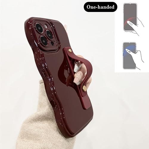 NITITOP Compatible with iPhone 15 Pro Max Case Cute Simple Wave Design Stylish Wavy Curly Frame with Wrist Adjustable Hand Strap Kickstand Grip Holder Soft Silicone Protective Cover - Wine Red thumbnail 4