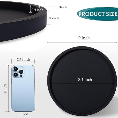 Silicone Bathroom Tray Round Vanity Tray Decorative Soap Holder Kitchen Countertop Organizer Coffee Table Decor for Candle, Perfume, Plant, 9 Inch, Black thumbnail 3