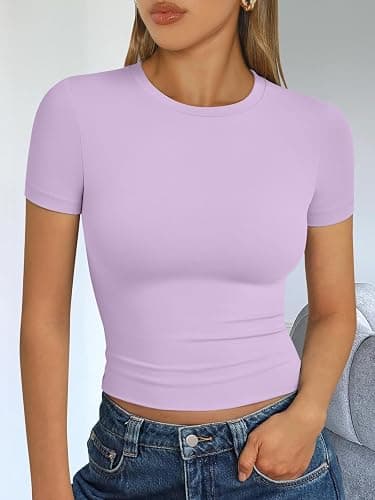 Trendy Queen Womens Short Sleeve T Shirts Summer Crop Tops Basic Slim Fit Gym Workout Y2k Clothes thumbnail 3
