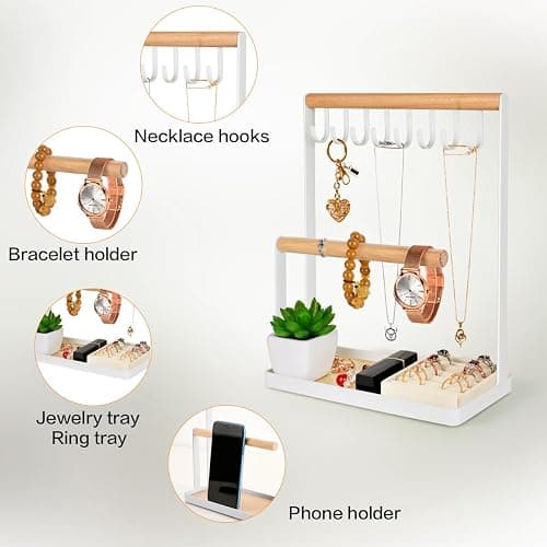 Jewelry Stand with Velvet Ring Holder, 3 Tier Necklace Hanging Wooden Ring Organizer Earring Tray, 8 Hooks Storage Necklaces, Bracelets, Rings and Watches on Desk Tabletop -White thumbnail 4