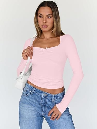 Trendy Queen Womens Long Sleeve Tops Going Out Top Trendy Cute Shirt Y2k Clothes Fashion Clothing Fall Outfits 2025 thumbnail 2