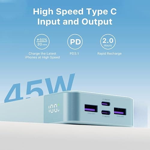 JUOVI J2621 Power Bank Portable Charger,20000mAh 45W PD3.0 QC 4.0 Fast Charging Battery Pack with LED Display,2 USB-C,2 USB-A for iPhone Tablet MacBook thumbnail 4