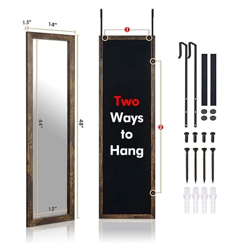 Sunix Full Length Mirror, 48" x 14" Wall Mirror with Rustic Wood Frame | Over The Door Mirror & Wall Mounted Hanging Mirror for Bedroom, Bathroom, Living Room, Dorm Room thumbnail 6
