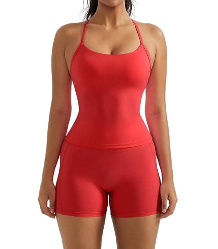 OMKAGI 2 Piece Workout Sets for Women Padded Sports Bra Tank Booty Gym Shorts with Pockets thumbnail 7