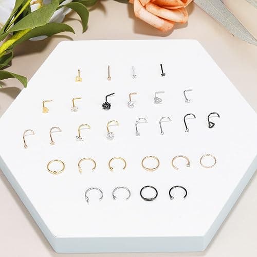 ONESING 35-70 PCS 18G 20G Nose Rings for Women & Men - Gold Hoops, L Shape, Studs & Screw - 316L Surgical Stainless Steel thumbnail 6