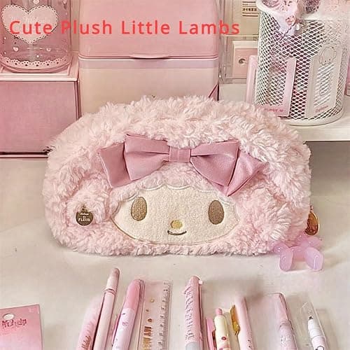 Vobomo Cute Bow Lamb Large Capacity Pencil Case Plush Pen Holder Sweety Pencil Pouch Box Cute Aesthetic Pen Case (Strawberry pink) thumbnail 3