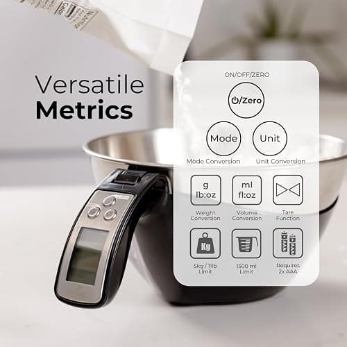 Fradel Digital Kitchen Food Scale with Bowl - 11lb, Grams & Ounces - Removable, Dishwasher-Safe Mixing Bowl - Black thumbnail 5