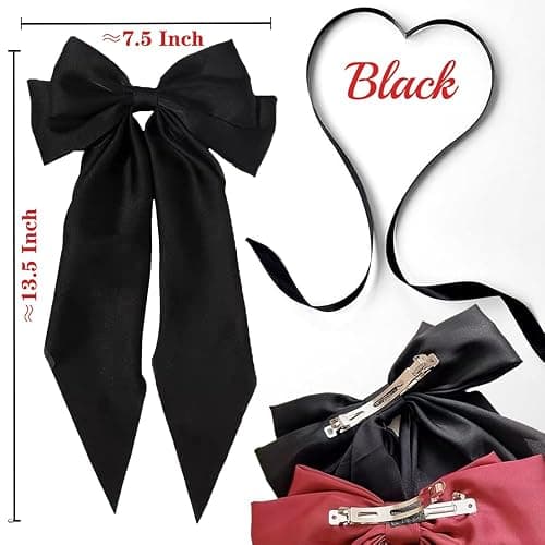 Hair Bows for Women - 3 Pcs Large Ribbon Hair Clips with Long Tail Tassels, Big Hair Barrettes for Girls (Black, Red, Beige) thumbnail 4