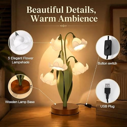 NewAoNaSen Lighting Flower Table Lamp for Bedroom, LED Cute Reading Light | 5 White Magnolia Flower of The Valley Desk Lamp Bedside Lamps for Nightstands Home Decor,Soft Night Light for Living Room thumbnail 3