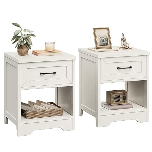AODK Farmhouse Nightstand Set of 2, Drawer and Open Shelf, Rustic White | Compact Bedside Tables, Drawer Storage, Rustic White Finish for Bedrooms, Dorms, Apartments and Guest Rooms - Image 1