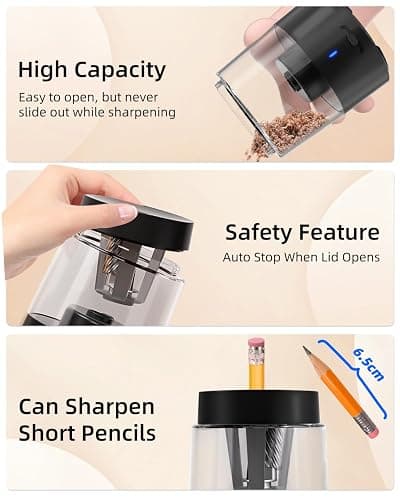 ZMOL Electric Rechargeable Pencil Sharpener, Automatic Pencil Sharpeners Kids, Battery Powered Pencil Sharpeners for Colored Pencils, Auto Stop, Suitable for No.2(6-8mm), Classroom/Home Black thumbnail 7