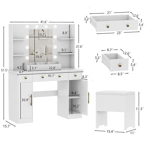 HUANLEGO Vanity Desk with Mirror and Lights, Makeup Vanity with Charging Station & Vanity Stool, 3 Drawers and Cabinets White Vanity Mirror with RGB LED Lights Vanity Desk and Chair for Women thumbnail 2