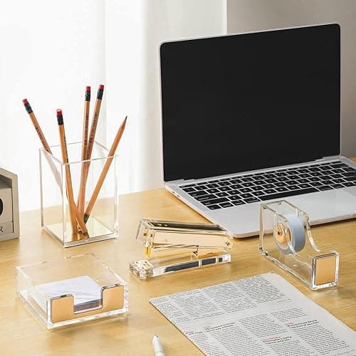 Acrylic Gold Tape Dispenser & Desktop Stapler, Includes Staple Remover, Tape, 1000pcs Staples - Cute Office Stapler Set for Modern Design Desk Accessory Kit thumbnail 5