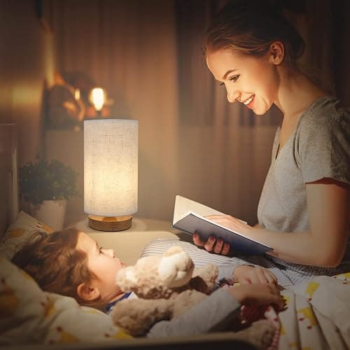 Small Bedside Night Table Lamp for Bedroom, Minimalist Nightstand Lamp with Round Fabric Linen Shade, Study Reading Desk Lamp for Kids Room, Living Room, College Dorm, Home, Office thumbnail 3