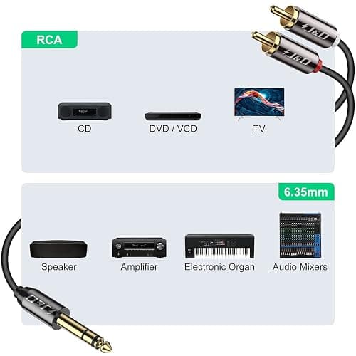 J&D 1/4 inch TRS to Dual RCA Audio Cable, Gold Plated Copper Shell Heavy Duty 6.35mm 1/4 inch Male TRS to 2 RCA Male Stereo Audio Y Splitter Cable, 3 Feet thumbnail 3
