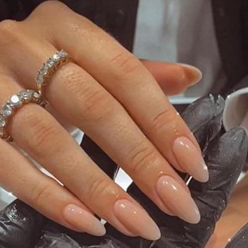 YOSOMK Nude Press on Nails Almond Shaped Medium Glossy Fake Nails for Women | Stick on Nail, Natural Full Cover, False Nail, Acrylic Glue on Nails, for Date or Work - Image 1