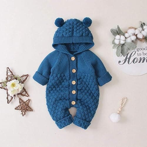 OBEEII Baby Girl Boy Sweater Romper Knitted Overall Hooded Jumpsuit Cute Warm Clothes thumbnail 2