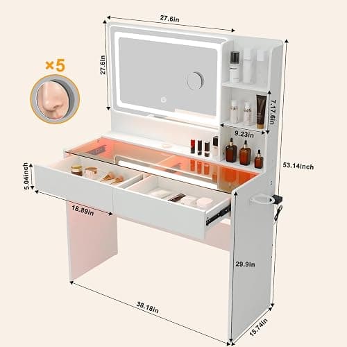 Cielozen Vanity Desk,Makeup Vanity Desk with Mirror and Lights,Transparent Top with LED Multiple Color Lights,Mirror 3 Color Modes 2 Drawers,Power Outlet,Dressing Table for Girls Bedroom,White thumbnail 2