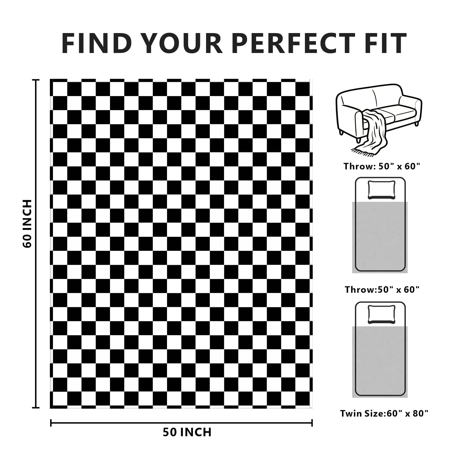 Edenleaf Checkered Blanket Flannel Throw Blankets Soft Cozy Checkered Grid Print Chessboard Gingham Pattern Blankets for Bed Sofa Couch for All Seasons（Black，50"×60"） thumbnail 2