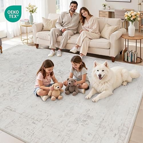 8x10 Area Rugs for Living Room: Vintage Boho Neutral Washable Rug Indoor Soft Large Area Rug Carpet for Bedroom Nursery Farmhouse Dining Room Office Floor Non-Slip Low Pile Under Table Neutral Cream thumbnail 7