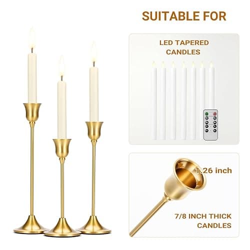 Tifanso Taper Candle Stick Holder - 3PCS Brass Gold Pillar Tall Candlestick Holders Metal Vintage Decor Dinner Table Dining Room Centerpieces Decorations for Wedding Fireplace Mantel Housewarming Gift thumbnail 6