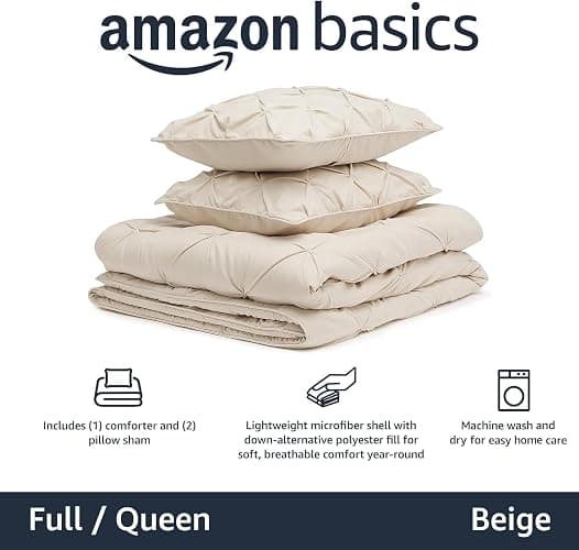 Amazon Basics Soft, Breathable Queen Size Comforter Sets, All-Season Down-Alternative 3-Piece Bedding Set, Pinch Pleat Design, Full/Queen Size, Beige thumbnail 2