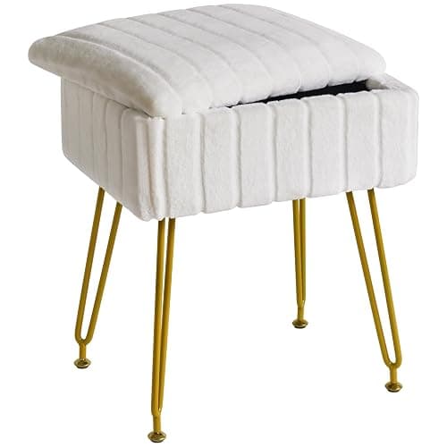 IBUYKE Stool Chair with Storage Space, Footrest Footstool Ottoman, Small Side Table, with 4 Metal Legs, with Anti-Slip Feet, for Makeup Room, Bedroom, Faux Fur, White L/G-50W - Image 1