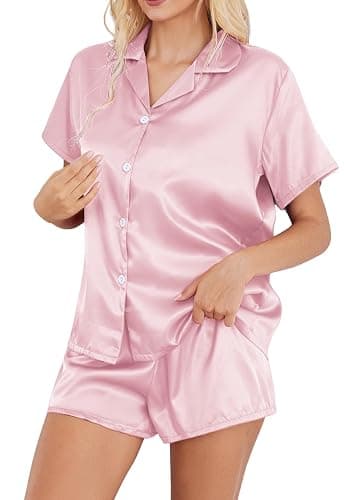 DingCo Satin Pajamas for Women Solid Color, Silky PJs Set with Notch Neck & Adjustable Drawstring Shorts - Image 1