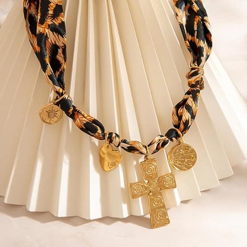 Klyxosh Scarf Necklace with Charm, Bandana Necklace with Gold Dainty Pendants - Chunky Cross, Heart, Flower, Conch, Boot, Cowboy Hat, Boho Beach Vintage Scarf Necklaces, Stylish Jewelry Gift thumbnail 5