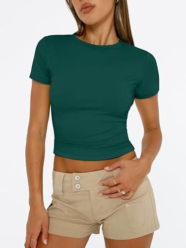 Trendy Queen Womens Short Sleeve T Shirts Summer Crop Tops Basic Slim Fit Gym Workout Y2k Clothes thumbnail 2