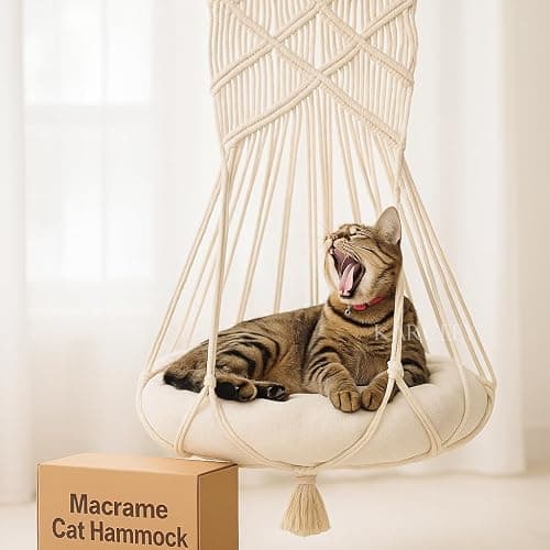 KARCEEY Macrame Cat Hammock Hanging Cat Bed with Catnip Cushion and Hanging Kit (1.Macrame Hammock with Bed) - Image 1