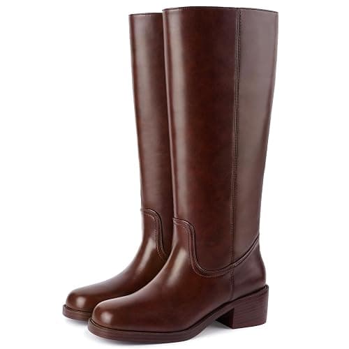 Gothictor Women's Banana Knee High Boots Square Toe Chunky Block Heel Comfortable Low Heel Pull on Wide Calf Riding Long Boots for Women thumbnail 4