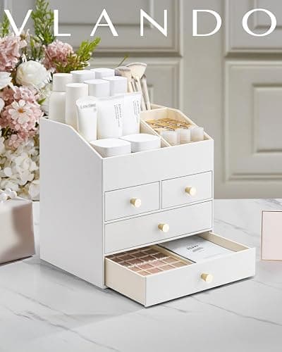 Vlando Makeup Organizer Countertop,Large Vanity Organizer PU Leather Make up Storage with 4 Drawers Skin care Organizer Cosmetic Display Case for Lipstick,Brushes,Bedroom-White thumbnail 9