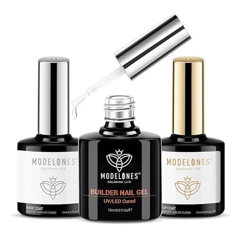 modelones Builder Nail Gel with Gel Top and Base Coat, 3Pcs Gel Nail Kit for Nail Thickening Apex Building Nail Extension Rhinestone Gel Nail Glue, LED Nail Lamp Cured - Image 1