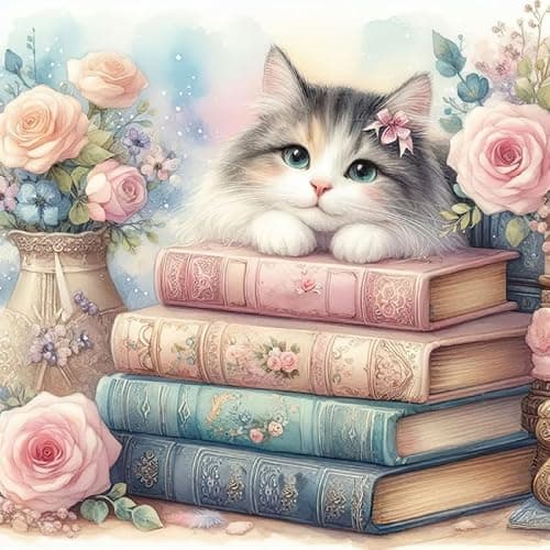 Zythron Diamond Painting Kits for Adults Cat Book Diamond Art Kits for Beginners DIY 5D Round Full Drill Diamond Paintings Gem Art Craft for Home Decor Gifts 12x12 inch - Image 1