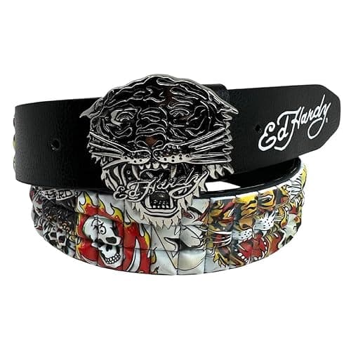 ED HARDY Men's 38mm Tiger Print Pyramid Studs with Metal Buckle Belt - Image 1