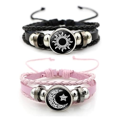 Thalireth 2PCS Luminous Sun And Moon Couples Friendship Matching Love Bracelets Leather Y2k Spirilet Glow In The Dark Adjustable Bracelets Love Gift for Him & Her - Image 1