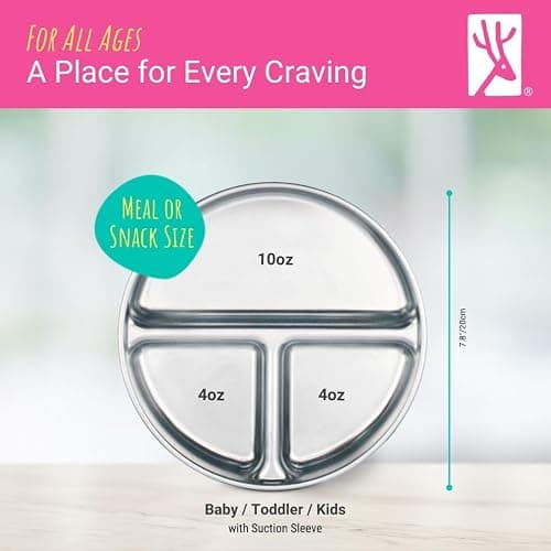 Vihaan - Elk and Friends Stainless Steel Divided Plates with Silicone Sleeve for Babies & Toddlers | Lids Included | Stay Put Suction | Dinner & Snack Plates | 2 Pack thumbnail 3