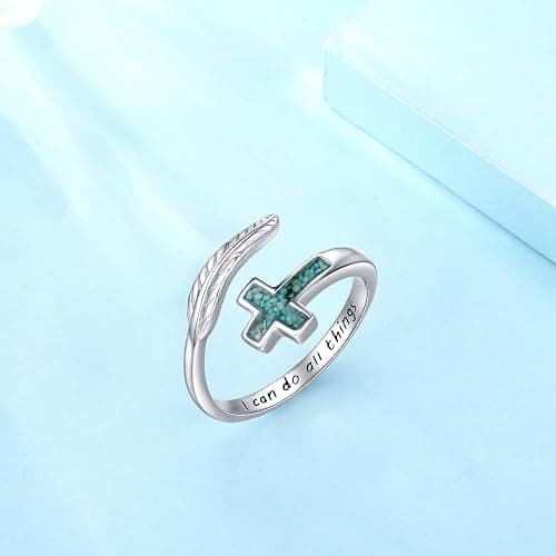 Turquoise/Moss Agate/Moonstone/Black Onyx/Lapis Lazuli/Labradorite/Tiger Eye Feather Ring 925 Sterling Silver Adjustable Ring Western Vintage Jewelry Gifts for Women thumbnail 5