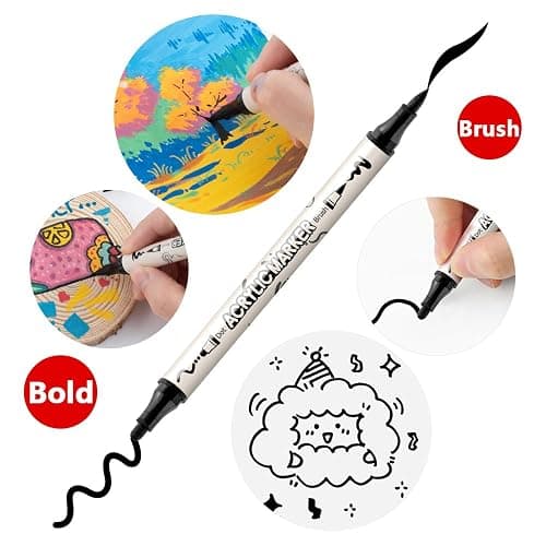 TRANSON 8 Pack Black Brush and Bold Dual-tip Acrylic Paint Marker for DIY Glass Canvas Wood Leather Ceramic Rock Painting thumbnail 3