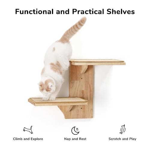 FUKUMARU Cat Wall Shelves, 2 Platform Cat Wall Furniture, Tree Shape Wall-Mounted Cat Floating Shelf with Sisal Mat, Solid Rubber Wood Cat Perch for 16 Inch Drywall, Suitable for Climb, Play, NapQQ thumbnail 3