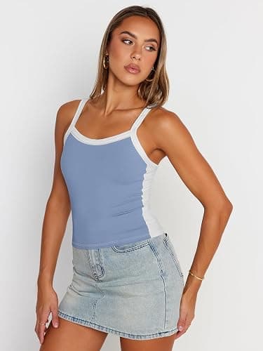 Trendy Queen Women's Double Lined Tank Tops Spaghetti Strap Square Neck Camisole Sleeveless Racerback Cropped Summer Clothes - X-Small - Lightblue thumbnail 3