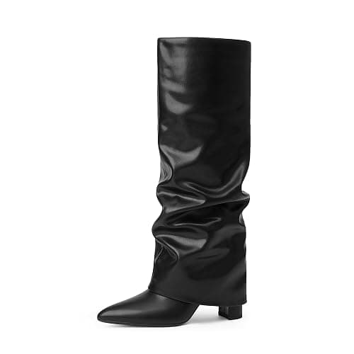 Modatope Knee High Boots Women Fold Over Knee High Boots Chunky High Heels Long Boots Zipper Pointed Toe Dress Tall Boots for Women - Image 1