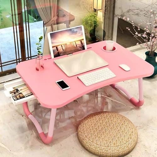 Laptop Bed Table, Foldable Laptop Desk Bed Tray with Storage Drawer, Lap Desk TV Tray for Breakfast Serving, Notebook Stand Reading Holder with Phone Slot and Cup Holder for Sofa Couch Floor-Pink - Image 1